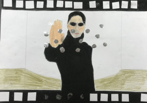 Scena z filmu science fiction: „ Matrix”. Ciemnowłosy mężczyzna w czarnych okularach i w czarnym ubraniu, zatrzymuje dłonią kule. Praca wykonana z zastosowaniem pasteli olejnych.